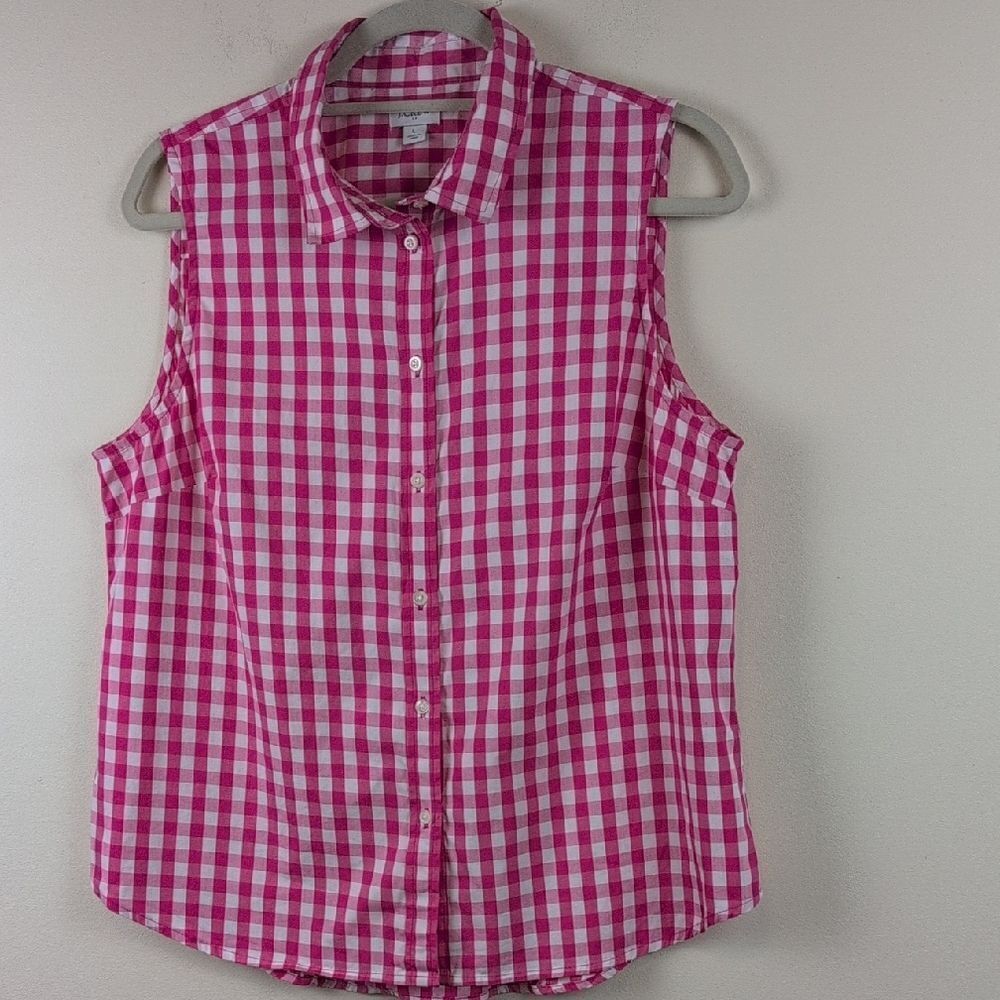 J. Crew Pink Gingham Sleeveless Button-Up Shirt Size L Cotton Poplin Preppy